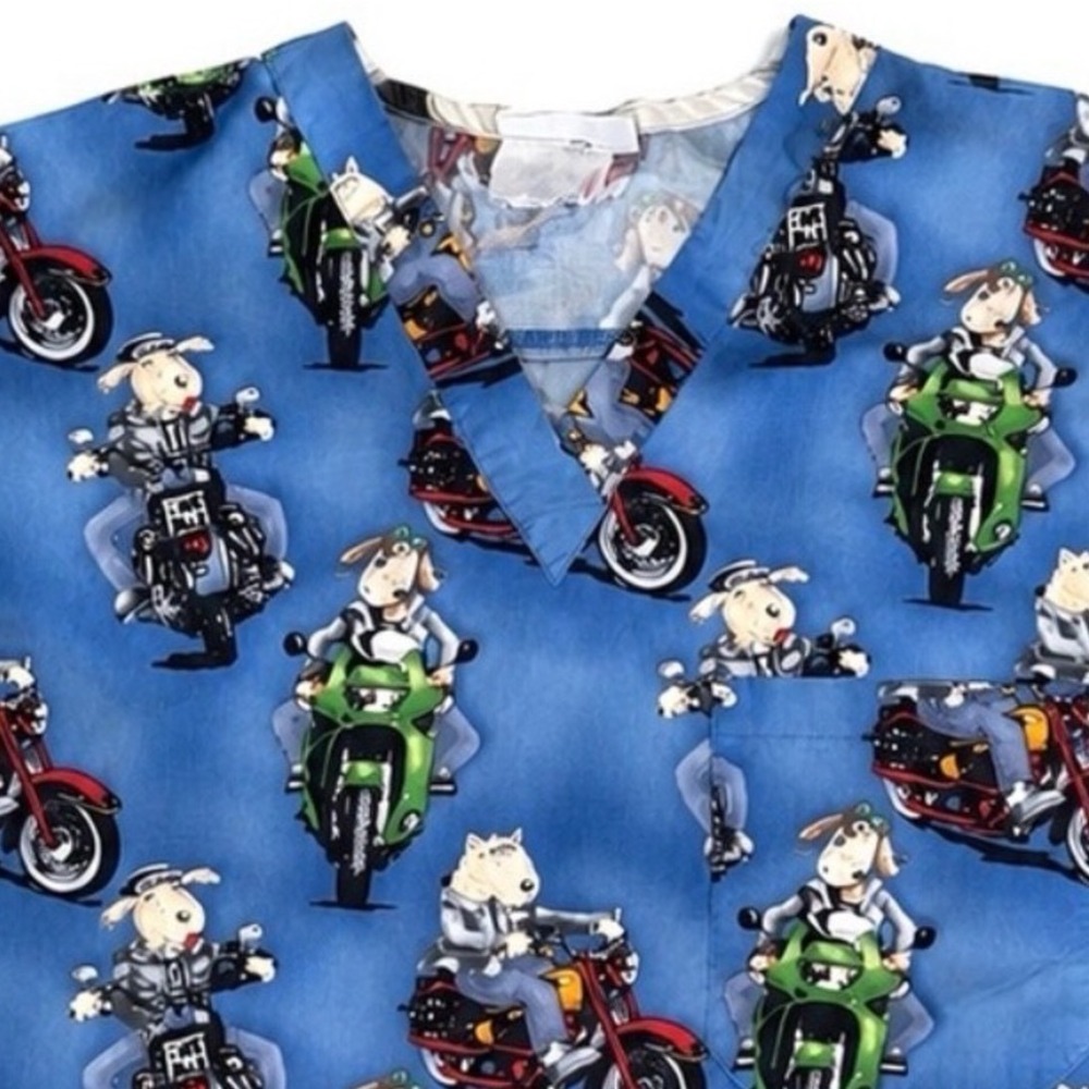 Peaches Uniforms Motorcycle Biker Dog Print Scrub Top Blue V Neck Unisex Large